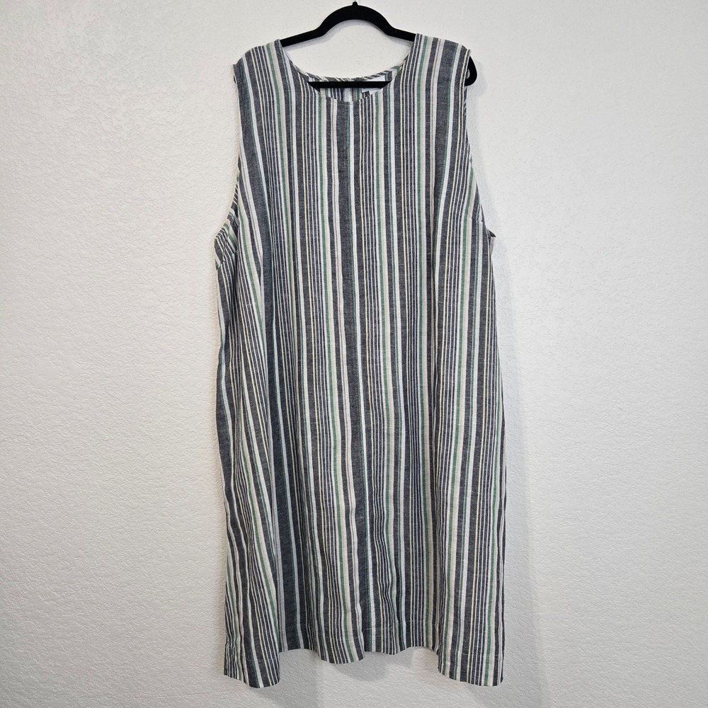 Liz Claiborne 3X Striped Sleeveless Button Back Shift Dress Linen Blend Resort